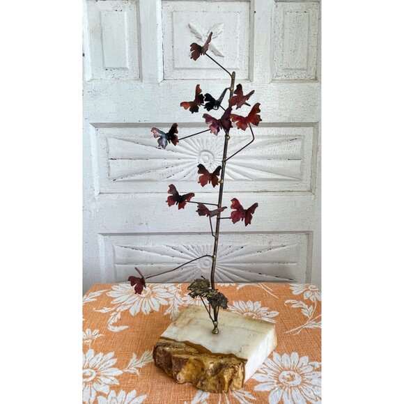 Vintage 1960's Table top Brutalist Metal Butterfly Sculpture Onyx Stone - Picture 12 of 14